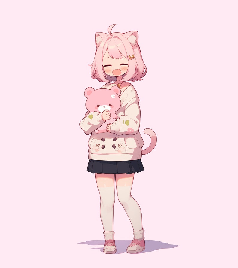 May include: A pink-haired anime girl with cat ears and a white hoodie is holding a pink teddy bear. She is wearing a black skirt, white socks, and pink shoes.