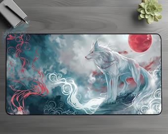 May include: A white wolf with red markings stands on a rock surrounded by swirling clouds and a red moon. The background is a blue and white watercolor wash.