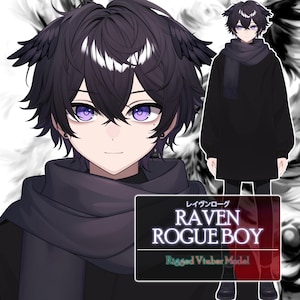 May include: Digital illustration of a character with black hair, purple eyes, and raven-like wings. The character wears a black scarf and sweater. A text box reads "RAVEN ROGUE BOY" and "Rigged Vtuber Model".