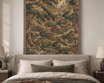 French Verdure Woven Blanket with Medieval Woodland Scene in Vintage European Tapestry Style