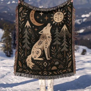Couverture tissée loup tribal, tapisserie folklorique nature, jeté de lecture pour canapé-lit cottagecore foncé