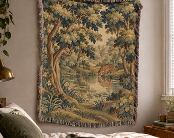 Tiger Woven Blanket Tapestry with French Verdure Woodland Tableau in Vintage Ornamental Style