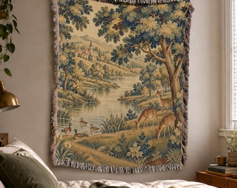 French Verdure Woven Blanket Tapestry with Pastoral Woodland Animals in Vintage Ornamental Style