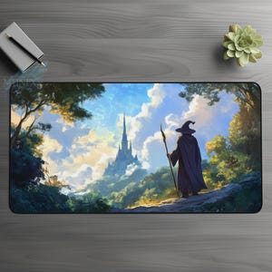 Old Wizard Desk Mat, Medieval Castle Mouse Pad,Home Office Gift,FFXIV DND MTG Playmat,Anime Fantasy Dream Castle Gaming Peaceful Lofi Forest
