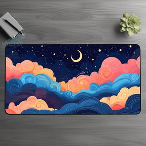 May include: A colorful abstract design of clouds and stars against a dark blue night sky. The clouds are in shades of pink, orange, and blue, and the stars are white. A crescent moon is in the upper left corner of the design.