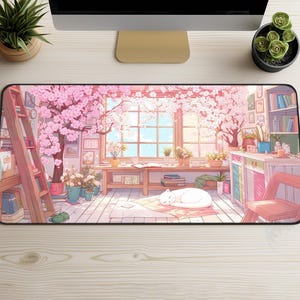 May include: A rectangular desk mat with an anime-style illustration of a room with a window. The window overlooks a cherry blossom tree. A white cat sleeps on a rug, surrounded by furniture and plants, creating a peaceful scene.
