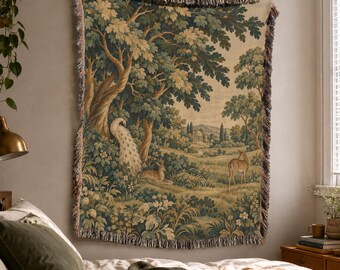 French Verdure Woven Blanket Tapestry with Woodland Scene in Vintage Ornamental Style