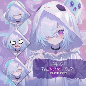 May include: A digital illustration of a cartoon girl with purple eyes and white hair wearing a white ghost-shaped raincoat. The text "Ghost Raincoat Girl PNGTuber" is written in pink and purple on the image.
