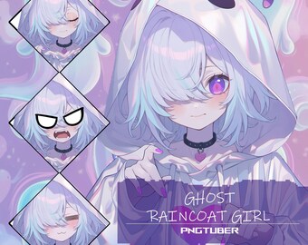 May include: A digital illustration of a cartoon girl with purple eyes and white hair wearing a white ghost-shaped raincoat. The text "Ghost Raincoat Girl PNGTuber" is written in pink and purple on the image.