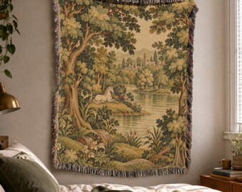 French Verdure Tapestry Woven Blanket with Woodland Unicorn in Vintage Ornamental Style