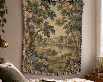Woodland Lake Woven Blanket Tapestry with French Verdure Tableau in Vintage Ornamental Style