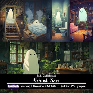 Paquete de fondos de pantalla de fantasmas inspirados en Studio Ghibli, banner de transmisión de Twitch, fondo de escritorio para computadora portátil y móvil, Cottagecore botánico, espeluznante, amante de los libros