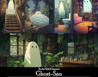 Studio Ghibli Inspired Ghost Wallpaper Bundle, Twitch Stream Banner,Mobile Laptop Desktop Background,Botanical Cottagecore,Spooky,Booklover