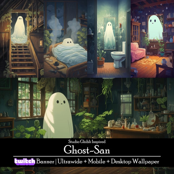 21 Studio Ghibli Inspired Ghost Wallpaper Bundle, Twitch Streaming Banner, Ultrawide, Mobile And Desktop Background, Instant Download,Spooky