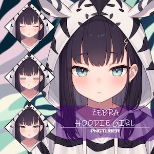 May include: A digital illustration of a girl with black hair wearing a zebra-print hoodie. The hoodie has the text "ZEBRA HOODIE GIRL PNGTUBER" on the front.