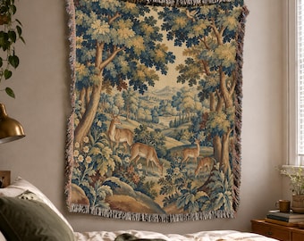 Woodland Woven Blanket with French Verdure Pastoral in Vintage Modern Ornamental European Tapestry Style