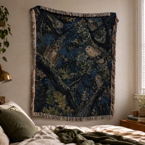 Manta tejida con búhos, tapiz decorativo de pared Bosque Nocturno, manta de cama con motivos de bosque, decoración de la naturaleza