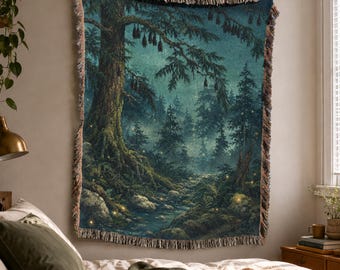 Mörk skogsmark vävd filt, dekorativ väggtapet i skog, boho pläd, fladdermössdekor