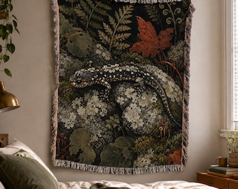 Salamander Woven Blanket, Woodland Cottagecore, Nature Wall Tapestry, Boho Throw, Dark Botanical Decor