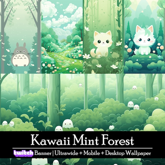 18 Kawaii Mint Forest Wallpaper Bundle, Twitch Streaming Banner, Ultrawide,  Mobile and Desktop Background, Instant Download, Pastel Cute Cat 