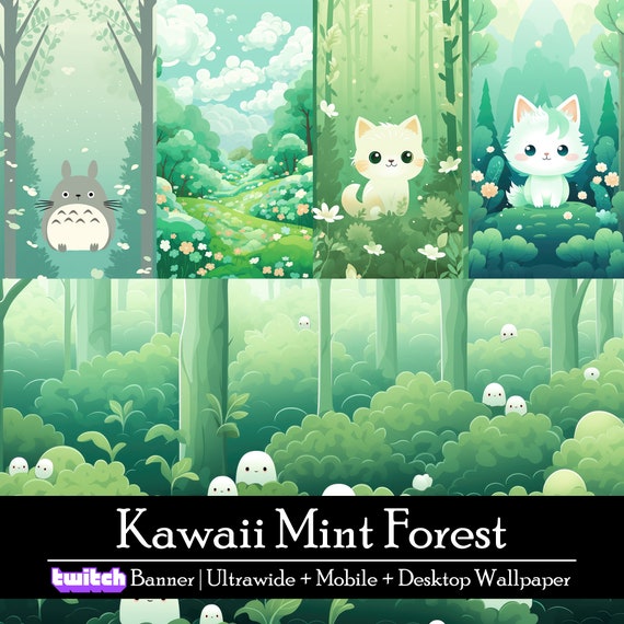 18 Kawaii Mint Forest Wallpaper Bundle, Twitch Streaming Banner, Ultrawide,  Mobile and Desktop Background, Instant Download, Pastel Cute Cat 