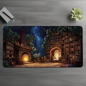 Mystic Cosmos Cottagecore Desk Mat, Dark Academia Mousepad,Gothic Medieval Castle Bookish Office Gift,Cozy Botanical Library TCG MTG Playmat