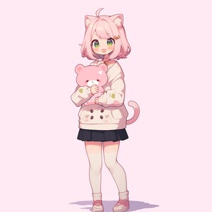 May include: A pink-haired anime girl with cat ears and a white hoodie is holding a pink teddy bear. She is wearing a black skirt, white tights, and pink sneakers.