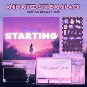 Animated Twitch Overlay Lofi Streamer package - cozy cat stream overlay Animated Purple overlays stream package - Lofi Purple twitch overlay