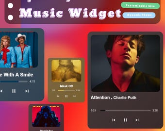 May include: A digital graphic showcasing a Spotify Music Widget with customizable features. The design includes album art and song information for various tracks, such as "Attention" by Charlie Puth. The background transitions through shades of purple, pink, and red.