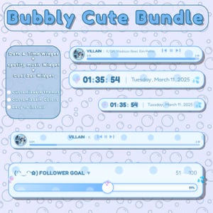 Paquete de megawidgets personalizables - Azul: Widget de música de Spotify + Widget de barra de objetivos + Widget de fecha y hora - Para Twitch, YouTube, OBS, Streamelements