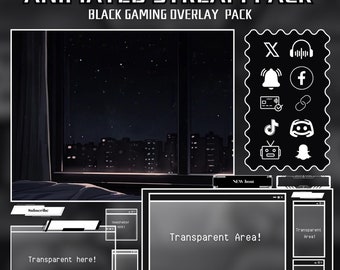 May include: An animated stream pack featuring a black gaming overlay set. Includes a night cityscape window scene, social media icons, and various rectangular frames with text labels like Subscribe, New host, and Transparent Area.