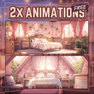 May include: Two illustrations of a bedroom with a pink floral wallpaper, a white bed with a pink and white comforter, a nightstand, and a window with curtains. The text "2X ANIMATIONS FREE" is at the top of the image.