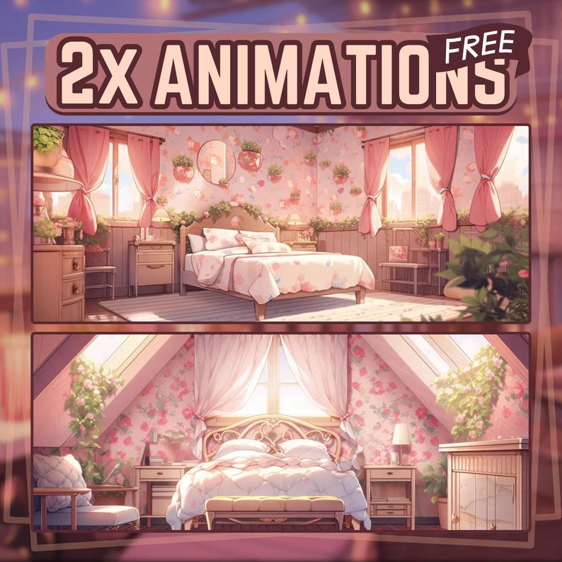 May include: Two illustrations of a bedroom with a pink floral wallpaper, a white bed with a pink and white comforter, a nightstand, and a window with curtains. The text "2X ANIMATIONS FREE" is at the top of the image.