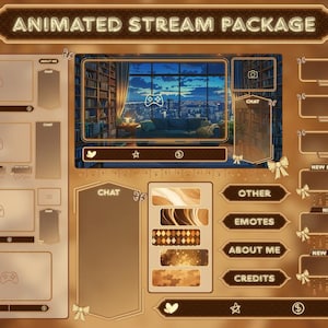 May include: A brown and gold animated stream package design. It features sections for chat, emotes, and other stream elements. The central panel shows a room with a cityscape view. Text includes "ANIMATED STREAM PACKAGE". The design has a warm, inviting aesthetic.
