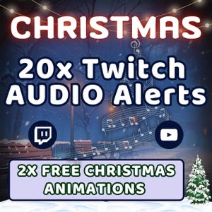 Puede incluir: Gráfico digital con la palabra "CHRISTMAS" en letras blancas con un resplandor rojo. La imagen promociona "20x Twitch AUDIO Alerts" y "2x FREE CHRISTMAS ANIMATIONS". También se incluye un icono de Twitch y YouTube.