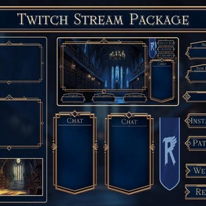 May include: A Twitch stream package with a dark blue and gold color scheme. The package includes a variety of overlays, panels, and alerts for streamers. The overlays feature a gothic library theme with a large image of a library interior. The panels include sections for chat, donations, and social media links. The alerts include notifications for new likes, donations, and followers.