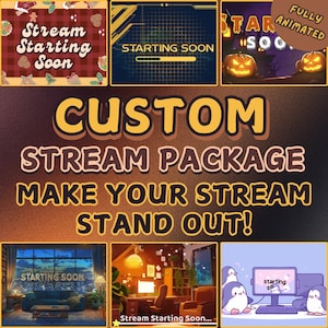 Könnte beinhalten: Individuelle Stream-Paket-Grafikdesign mit dem Text "Lass deinen Stream hervorstechen!" und mehreren Beispielen für animierte Stream-Startbildschirme.