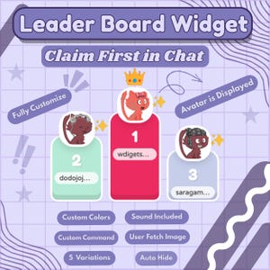 May include: A Leader Board Widget graphic with the text "Leader Board Widget" and "Claim First in Chat." The graphic displays three cartoon avatars with numbers 1, 2, and 3, and the names of the users. Additional text includes "Fully Customise," "Custom Colours," and "5 Variations."