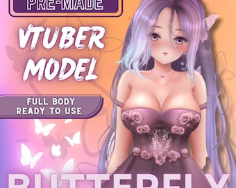 May include: Pre-made VTuber model with a full body, ready to use. The model is a purple-haired anime character with a butterfly theme. The character is wearing a purple dress with floral accents and has butterfly wings.