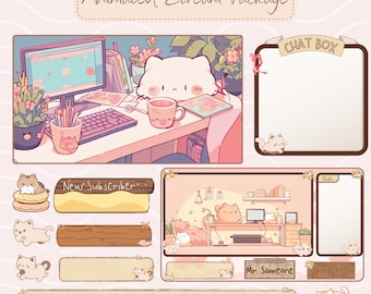 Twitch Overlay - lofi cat vtuber overlay for twitch stream - vtuber room , Digital download , stream package, Stream overlay