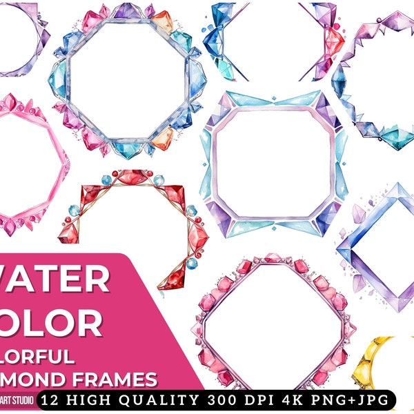 Watercolor Colorful Diamond Frames Clip Art | Diamond Frames Illustrations | Diamond Framesl Clipart | Diamond Frames PNG | Instant Download