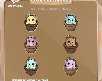 May include: A digital set of six Cozy Cat Badges featuring illustrations of cats in brown pots with green leaves on their heads. The text reads Cozy Cat Badges, Bit Badges, and Sizes: 72x72 px, 36x36 px, 18x18 px, and Instant Download 6 Items.