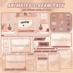 May include: Animated stream pack overlay with a brown background. The overlay includes a desktop setup with a computer, speakers, and a keyboard. The overlay also includes a chat box, a new raid notification, and a Facebook notification. The text "starting" is visible on the computer screen.