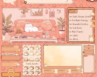 Twitch Cat overlay Animated overlay package - Stream Overlay Twitch Overlay peach Cat Lofi Stream Bundle - Cozy Twitch overlay Lofi Pack