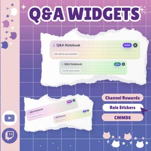 Könnte beinhalten: Eine digitale Grafik mit dem Text "Q&A WIDGETS" in Lila. Das Bild zeigt Notizbuch-Widgets mit dem Text "Q&A Notebook" und "Ask with Iq your question". Zusätzlicher Text enthält "Channel Rewards", "Role Stickers" und "CMMDS".