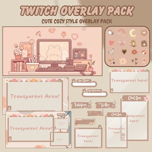 May include: A set of Twitch overlay graphics in a cute, cozy style. The graphics feature a pink and brown color scheme with cartoon bears, hearts, and flowers. The overlays include a chat box, a new donor notification, a new subscriber notification, and a transparent area for the streamer's webcam.