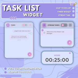 Peut inclure: Une illustration colorée d'un widget de liste de tâches avec une minuterie, une liste de tâches de discussion et un gestionnaire de tâches de diffusion en continu. Le widget a un schéma de couleurs rose et violet et présente une minuterie avec le texte "TRAVAIL 00:25:00".