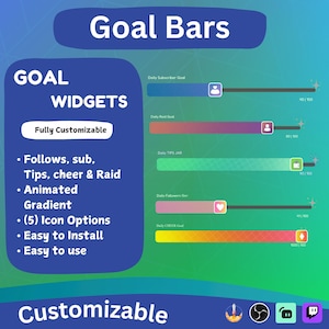 May include: A graphic showing customizable goal bars for Twitch streamers. The bars are animated and have a gradient effect. The image shows five different goal bars for subscribers, raids, tips, followers, and cheers. Each bar has a different color and icon. The text "Goal Widgets" and "Customizable" is displayed on the image.