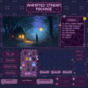 May include: Animated stream package with a witch and a cottage in a forest scene. The package includes static and animated overlays, chat boxes, main frames, labels, and alerts.