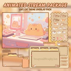 Stream overlay - Lofi Cat Twitch package Animated Overlay for Twitch/YouTube/KICK Stream - Cozy Twitch screens, Stream Assets, Twitch alerts
